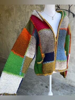 Vintage Handmade Patchwork Wool Grunge Hippie Hoodie Sweater